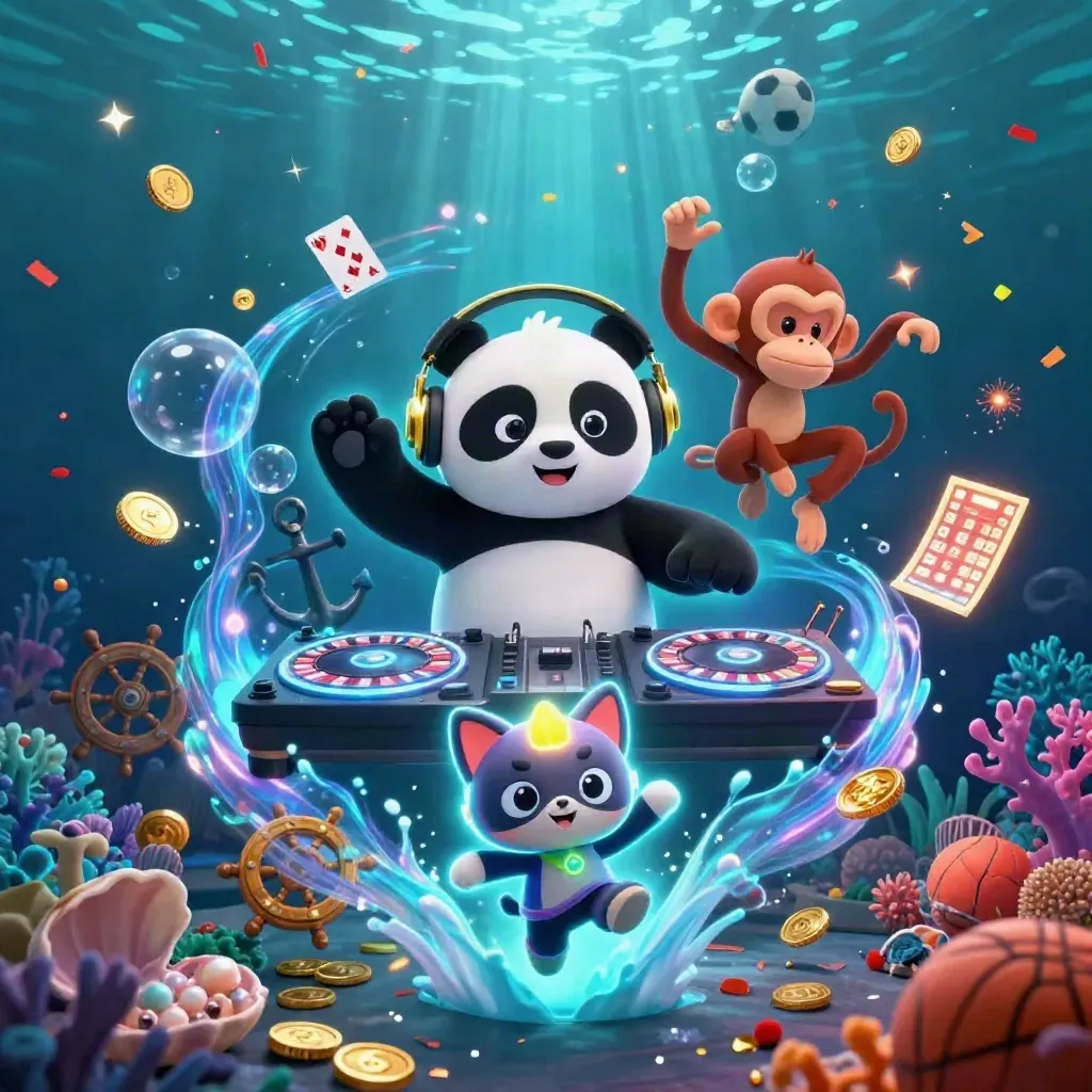 Panda DJ, dancing monkey, and rave kitten in a neon underwater treasure blast.