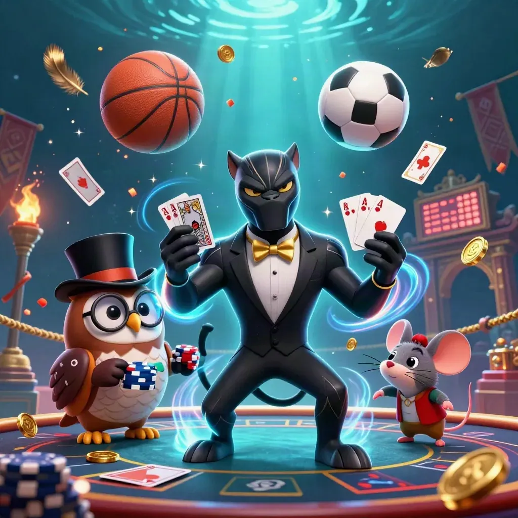 Panther, owl, and mouse casino key art with flying cards, chips, balls, and neon effects.