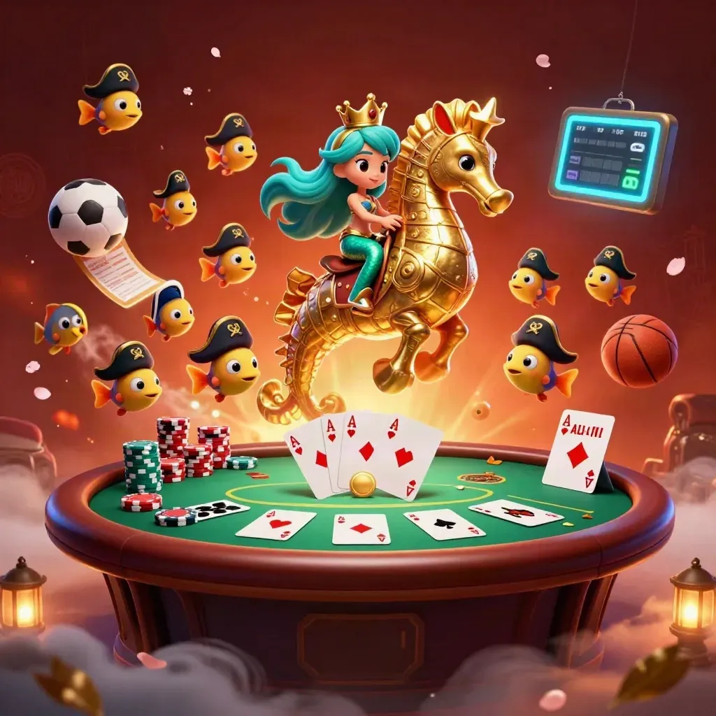 Mermaid princess on a golden seahorse amid poker props, embers, petals, and neon light.
