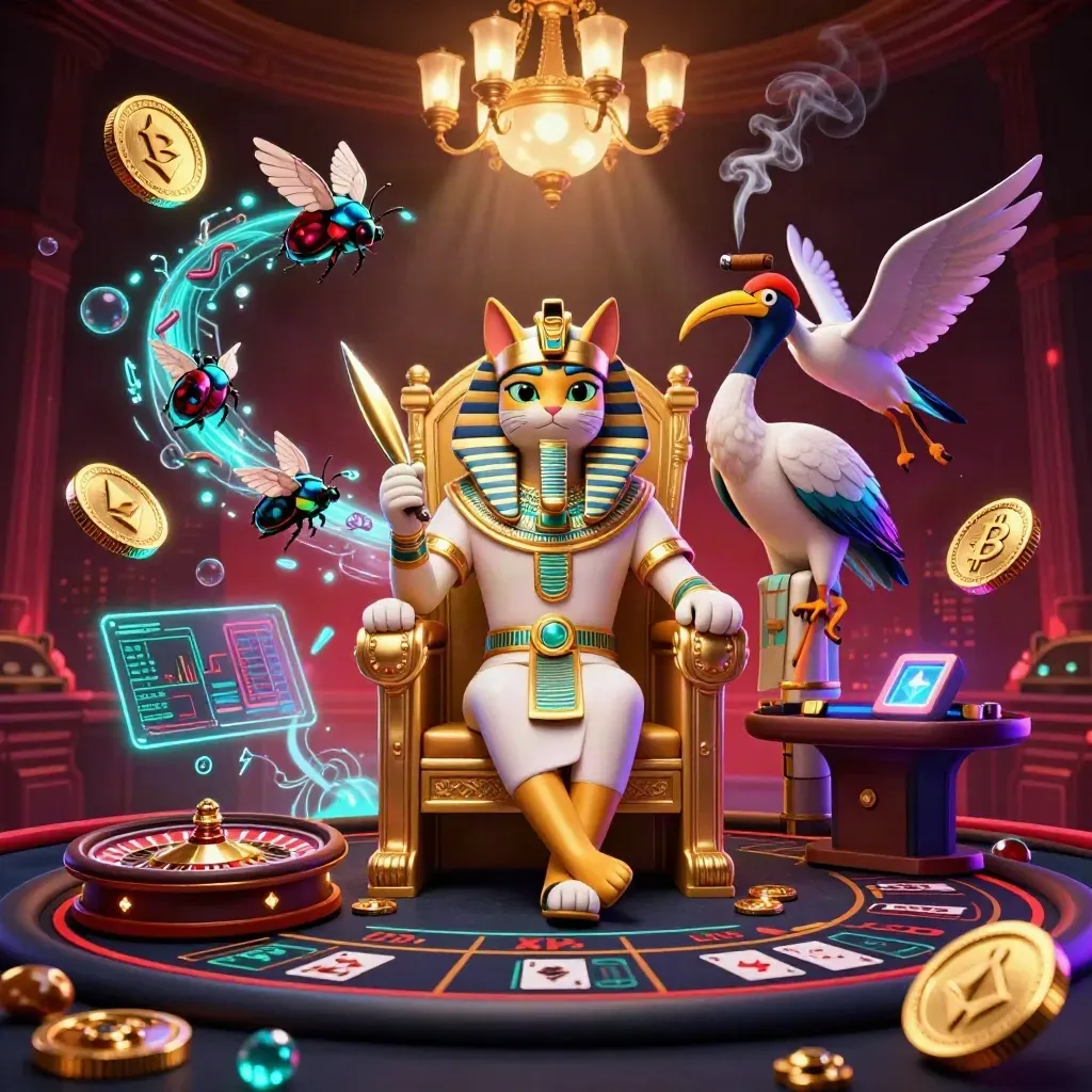 Pharaoh cat, ibis scribe, and gem-wing scarabs amid glowing casino tech and neon coins.