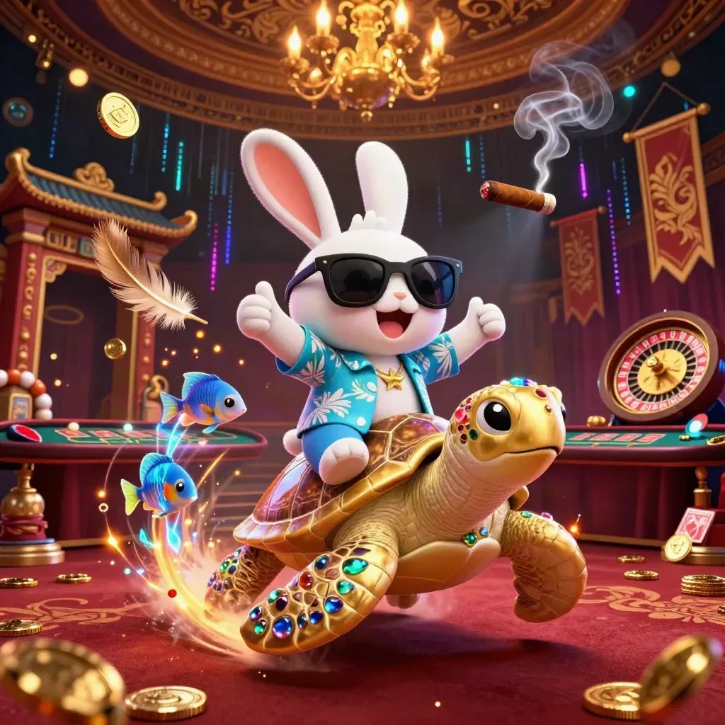 Lucky rabbit on a jeweled turtle amid a neon casino room with roulette and temple glow