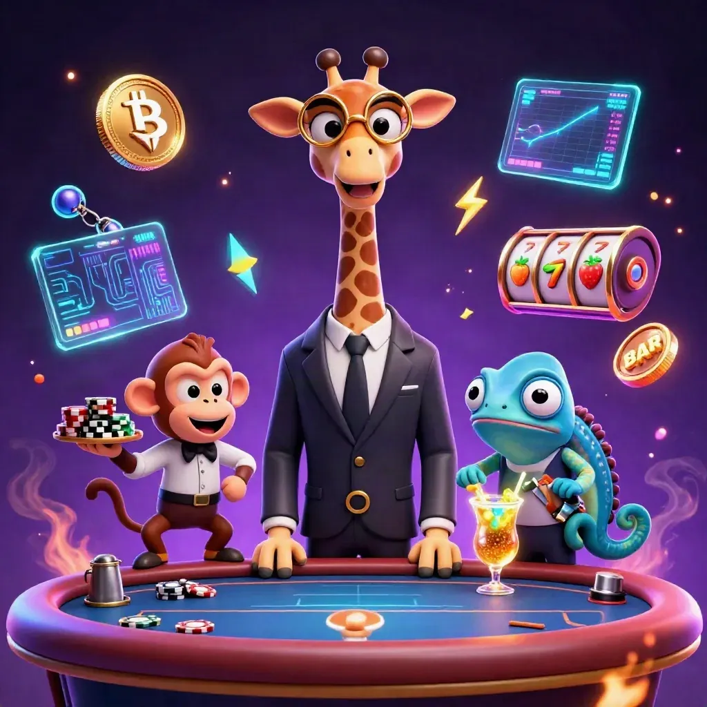 Giraffe, monkey, and chameleon around a neon poker table with coins, charts, and lightning.