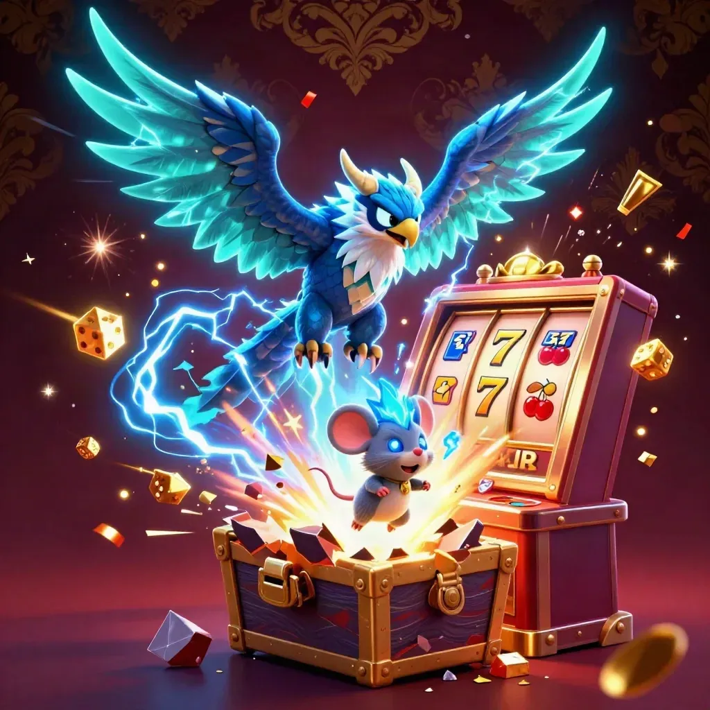 Thunder dragon, wind hawk, and static mouse amid exploding slot-machine treasure in a dark luxe casino scene.