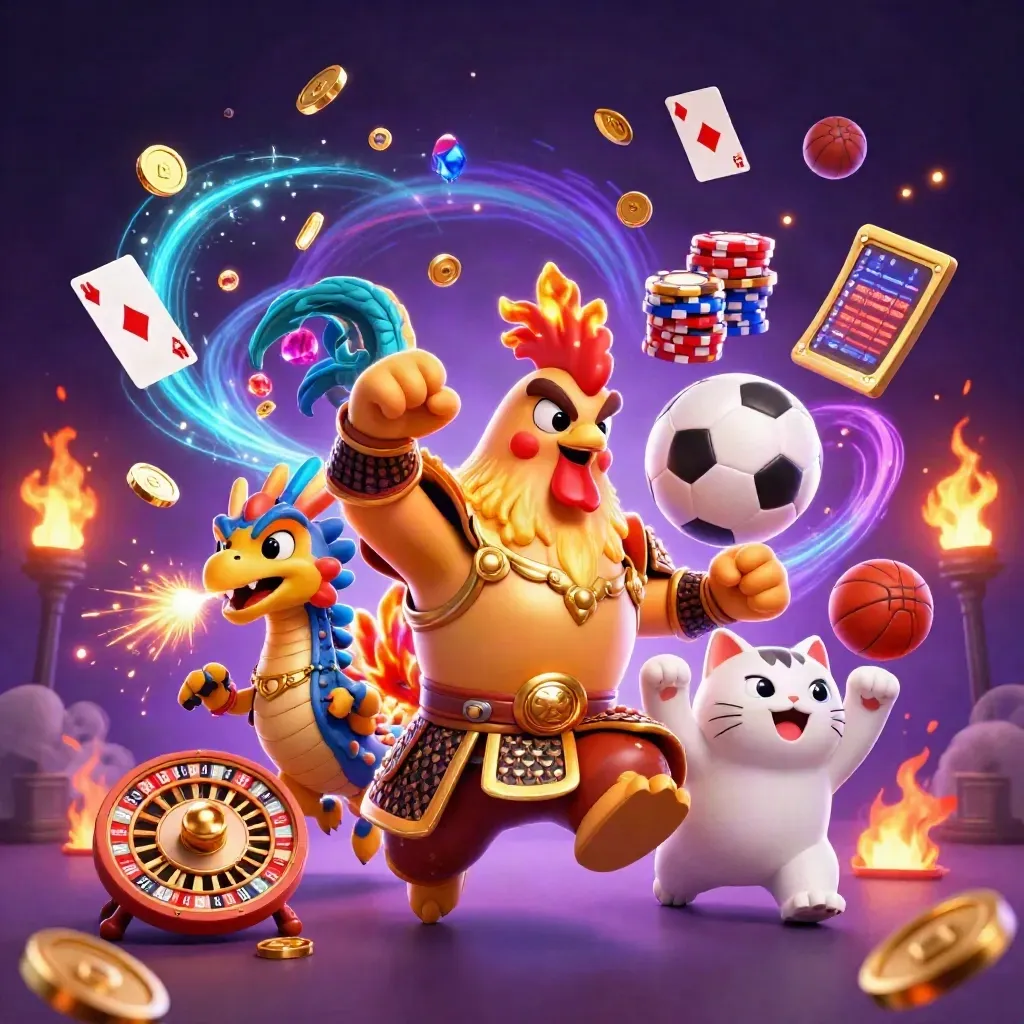 Rooster samurai, dragon hatchling, and fortune cat amid casino coins, chips, fireworks, and neon light