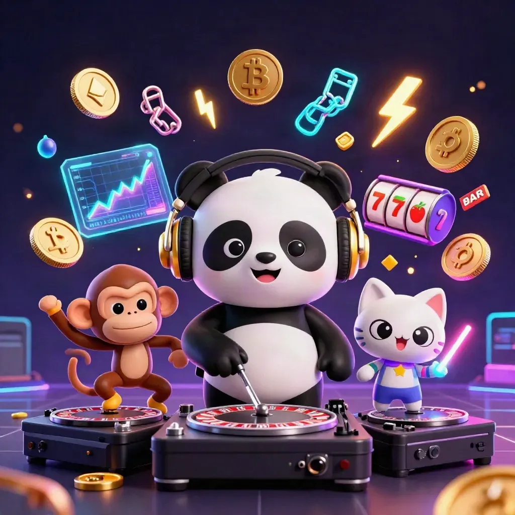 DJ panda, breakdancing monkey, and glow-stick kitten amid neon coins and casino effects
