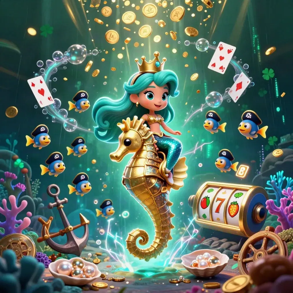 Mermaid princess on a golden seahorse amid coin showers, fish, coral, reels, and neon energy.