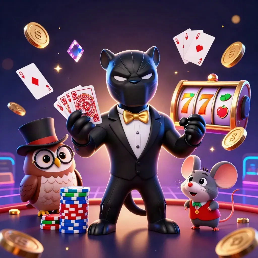 Black panther, owl, and mouse in a neon casino burst with cards, chips, coins, and reels.